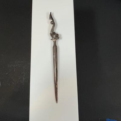 LOT 458: Sterling Silver Collection Letter Opener, A Mano Enameled Trinket Box, Zadok Arts Fiddler, Set of 6 Miniature Candle Holders