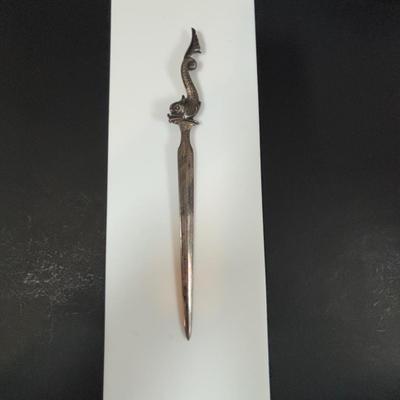 LOT 458: Sterling Silver Collection Letter Opener, A Mano Enameled Trinket Box, Zadok Arts Fiddler, Set of 6 Miniature Candle Holders