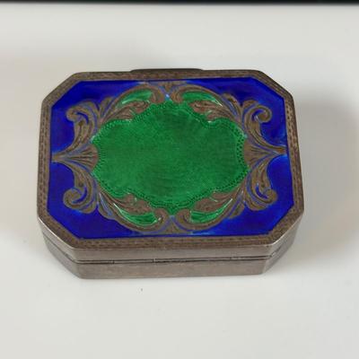 LOT 458: Sterling Silver Collection Letter Opener, A Mano Enameled Trinket Box, Zadok Arts Fiddler, Set of 6 Miniature Candle Holders