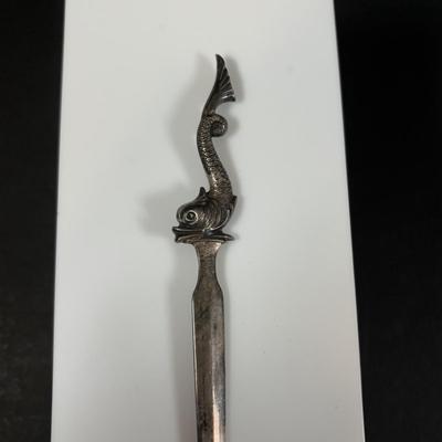 LOT 458: Sterling Silver Collection Letter Opener, A Mano Enameled Trinket Box, Zadok Arts Fiddler, Set of 6 Miniature Candle Holders