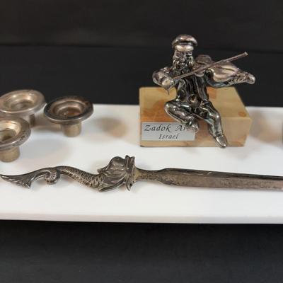 LOT 458: Sterling Silver Collection Letter Opener, A Mano Enameled Trinket Box, Zadok Arts Fiddler, Set of 6 Miniature Candle Holders
