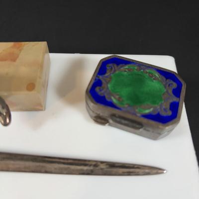 LOT 458: Sterling Silver Collection Letter Opener, A Mano Enameled Trinket Box, Zadok Arts Fiddler, Set of 6 Miniature Candle Holders
