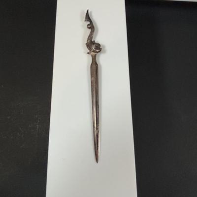 LOT 458: Sterling Silver Collection Letter Opener, A Mano Enameled Trinket Box, Zadok Arts Fiddler, Set of 6 Miniature Candle Holders