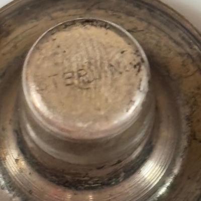 LOT 458: Sterling Silver Collection Letter Opener, A Mano Enameled Trinket Box, Zadok Arts Fiddler, Set of 6 Miniature Candle Holders