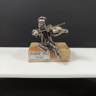 LOT 458: Sterling Silver Collection Letter Opener, A Mano Enameled Trinket Box, Zadok Arts Fiddler, Set of 6 Miniature Candle Holders