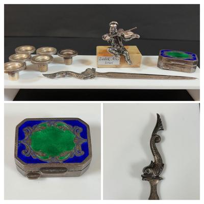 LOT 458: Sterling Silver Collection Letter Opener, A Mano Enameled Trinket Box, Zadok Arts Fiddler, Set of 6 Miniature Candle Holders