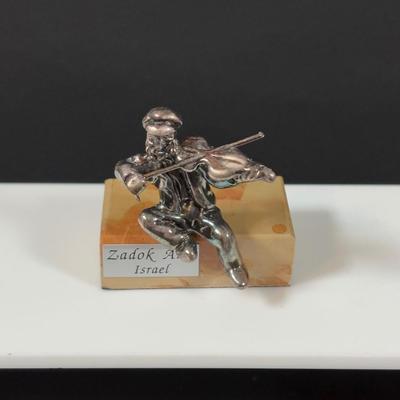 LOT 458: Sterling Silver Collection Letter Opener, A Mano Enameled Trinket Box, Zadok Arts Fiddler, Set of 6 Miniature Candle Holders