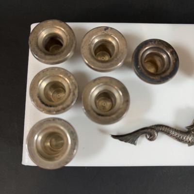 LOT 458: Sterling Silver Collection Letter Opener, A Mano Enameled Trinket Box, Zadok Arts Fiddler, Set of 6 Miniature Candle Holders