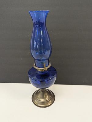18" Cobalt Blue Glass Oil Lamp Made In Hong Kong