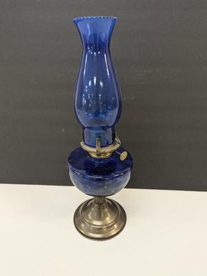 18" Cobalt Blue Glass Oil Lamp Made In Hong Kong
