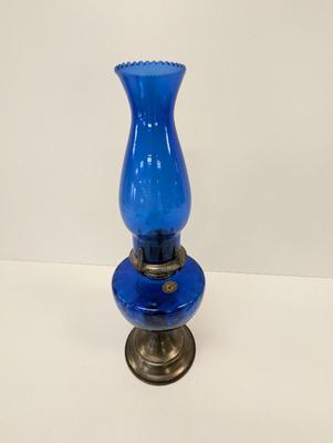 18" Cobalt Blue Glass Oil Lamp Made In Hong Kong