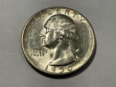 1950-S AU58 CONDITION WASHINGTON SILVER QUARTER AS PICTURED. FREE DOMESTIC SHIPPING.