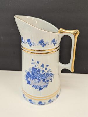 Sale Photo Thumbnail #99: Cmielow Pitcher Milk Carafe Blue Flowers Gold Trim Made In Poland