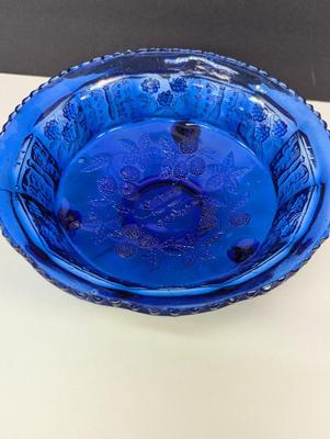 9" Vintage Cobalt Footed Bowl With Raised Butterflies & Berries
