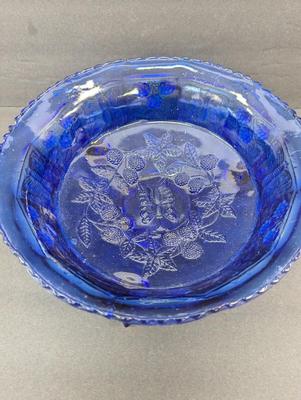 9" Vintage Cobalt Footed Bowl With Raised Butterflies & Berries