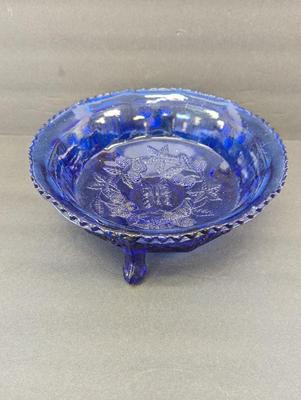 9" Vintage Cobalt Footed Bowl With Raised Butterflies & Berries