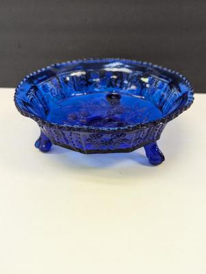 9" Vintage Cobalt Footed Bowl With Raised Butterflies & Berries