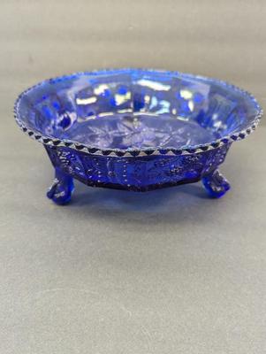 9" Vintage Cobalt Footed Bowl With Raised Butterflies & Berries