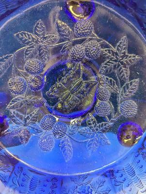 9" Vintage Cobalt Footed Bowl With Raised Butterflies & Berries