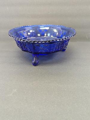 9" Vintage Cobalt Footed Bowl With Raised Butterflies & Berries