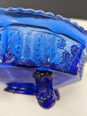 Sale Photo Thumbnail #9: 9" Vintage Cobalt Footed Bowl With Raised Butterflies & Berries