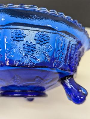 9" Vintage Cobalt Footed Bowl With Raised Butterflies & Berries