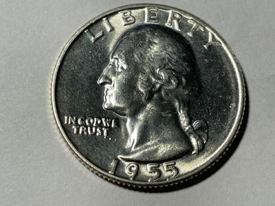 1955-D BRILLIANT UNCIRCULATED CONDITION WASHINGTON SILVER QUARTER AS PICTURED. FREE DOMESTIC SHIPPING.