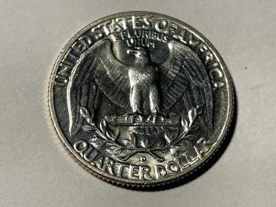1955-D BRILLIANT UNCIRCULATED CONDITION WASHINGTON SILVER QUARTER AS PICTURED. FREE DOMESTIC SHIPPING.