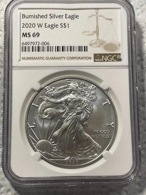 NGC CERTIFIED 2020-W BURNISHED MS69 SILVER EAGLE DOLLAR AS PICTURED. FREE DOMESTIC SHIPPING.
