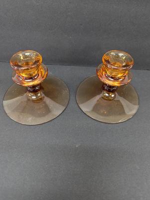 Antique Pair Of Amber Candle Sticks