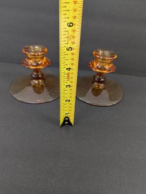 Antique Pair Of Amber Candle Sticks