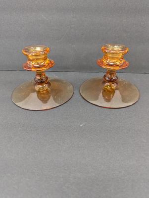 Antique Pair Of Amber Candle Sticks