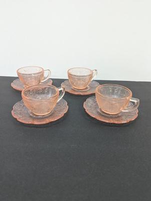 Pink Cherry Blossom Depression Glass Cups Saucers & Bowls