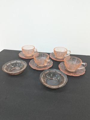 Pink Cherry Blossom Depression Glass Cups Saucers & Bowls