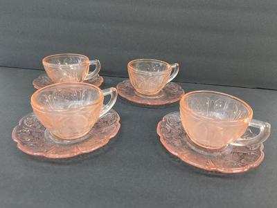 Pink Cherry Blossom Depression Glass Cups Saucers & Bowls