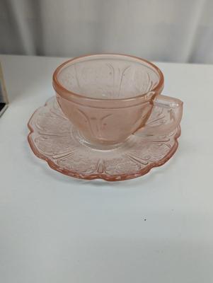 Pink Cherry Blossom Depression Glass Cups Saucers & Bowls