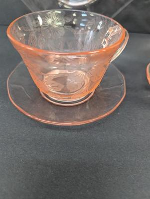 Pink Depression Glass Cups & Saucers & Plates