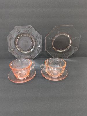Pink Depression Glass Cups & Saucers & Plates