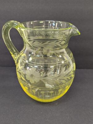 Vintage Vaseline Glass Etched Pitcher