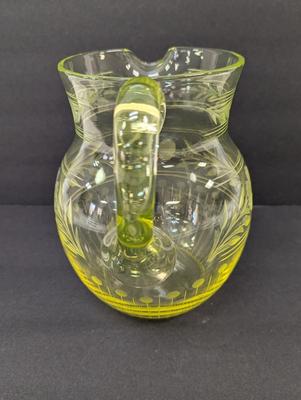 Vintage Vaseline Glass Etched Pitcher