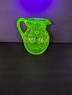 Vintage Vaseline Glass Etched Pitcher