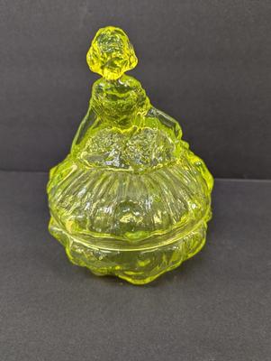 Vaseline Glass Victorian Lady Trinket Box