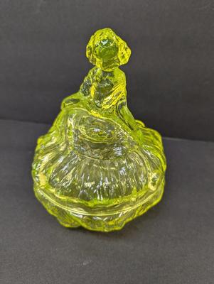 Vaseline Glass Victorian Lady Trinket Box