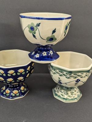Polish Pottery Hand Made Pedestal Bowls- 5 Pieces