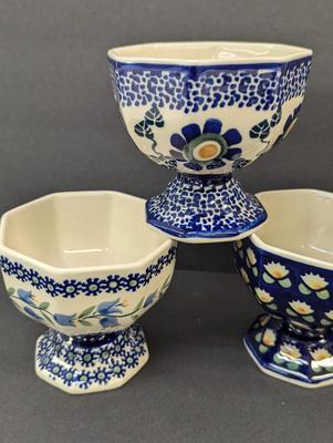 Polish Pottery Hand Made Pedestal Bowls- 5 Pieces