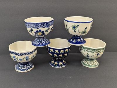 Polish Pottery Hand Made Pedestal Bowls- 5 Pieces