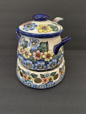 Polish Unikat Pottery Soup Server with Warmer Stand- Signed