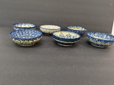 Polish Pottery Hand Made Bowls- 6 Pieces- Approx 4 1/2" in Diameter