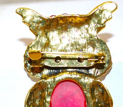 Beautiful Red & Black Owl PIN 3" x 2" with Gold Tone Accents