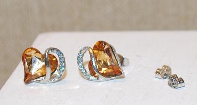 Amber Color HEART Earring Set (½" x½") with a Swirled Clear Stone Accent & Extra Studs Set Clasp
